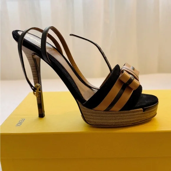 Fendi Zucca FF Logo Platform Strappy Heels Black Tan Leather Designer Sandals  7 - Picture 4 of 8